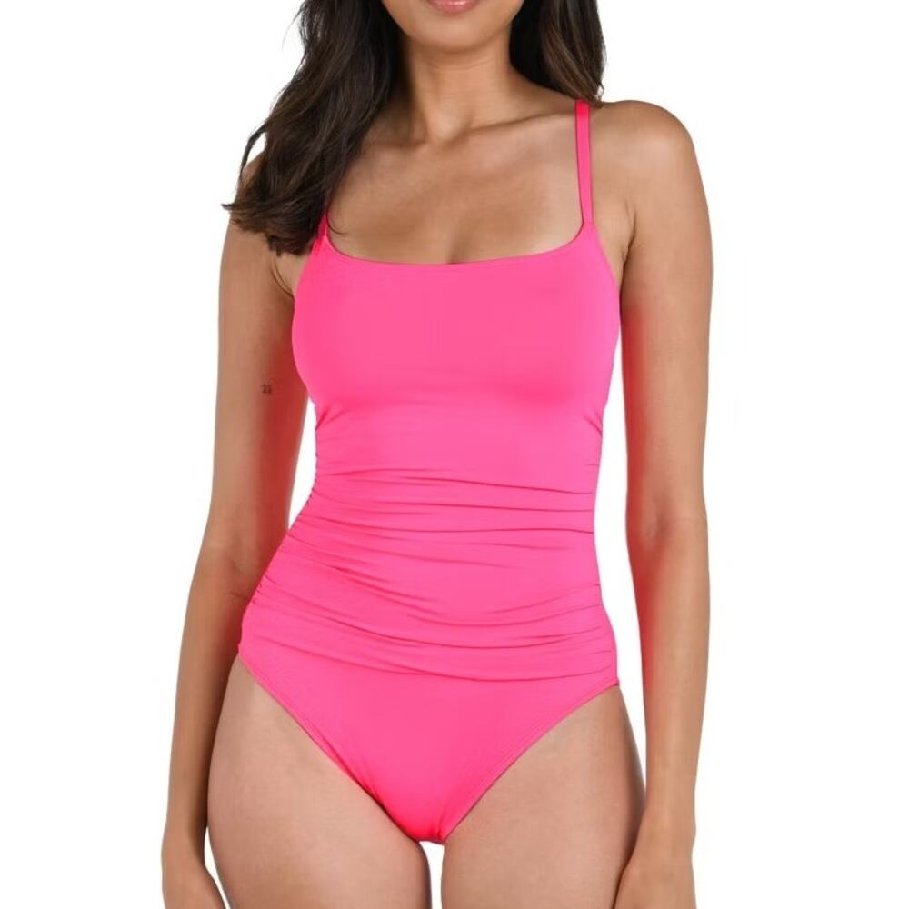 La Blanca Island Goddess Bright Pink One Piece Swimsuit Ruched Adjustable sz 10